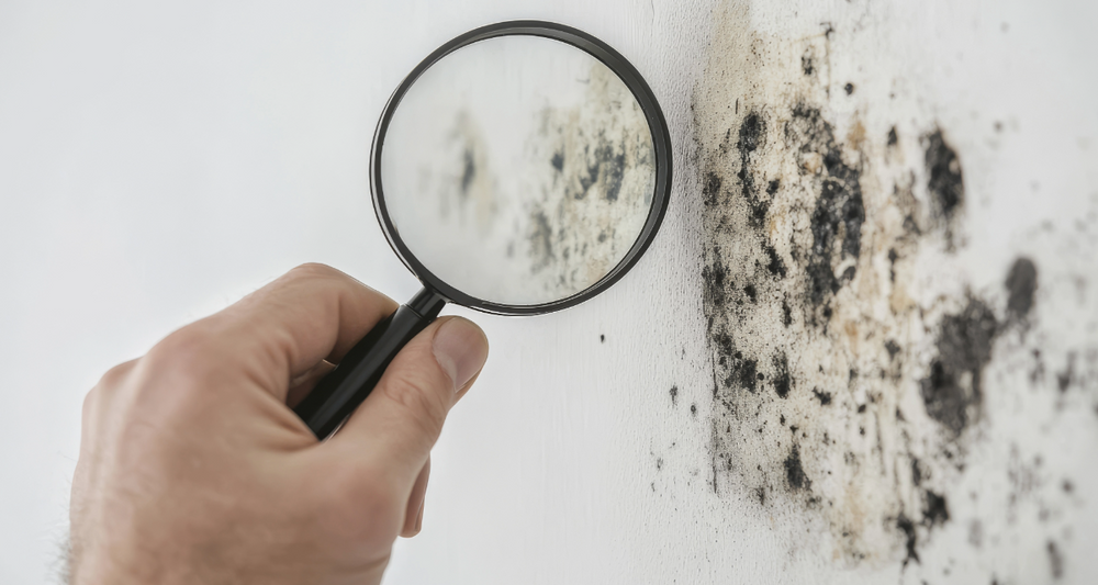 Magnifying glass inspecting mould in a property
